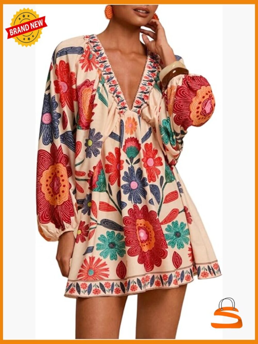 Boho Floral V Neck Mini Dress with Bishop Sleeves
